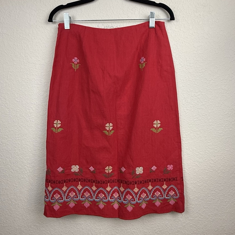 Vtg Sleeping on Snow Anthropologie Red‎ Floral Embroidered Linen Midi Skirt Sz 6